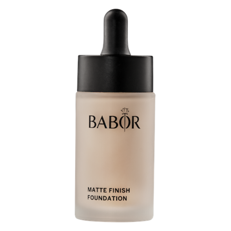 Fläschchen mit leichter, matter Foundation von BABOR, mit schwarzem Pipettenverschluss.
