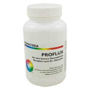 Weißer Kunststoffbehälter mit Schraubverschluss, beschriftet mit 'PROFLUX' und Anwendungshinweisen für eine bessere Darmaktivität.