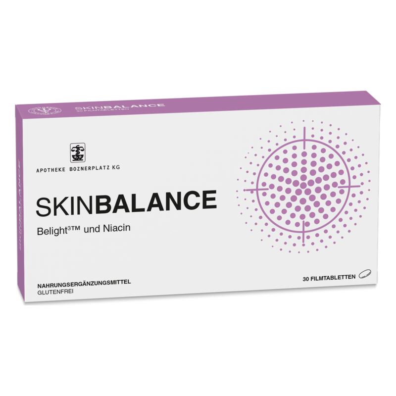 Verpackung des Nahrungsergänzungsmittels SKINBALANCE mit Belight³™ und Niacin, glutenfrei, 30 Filmtabletten.