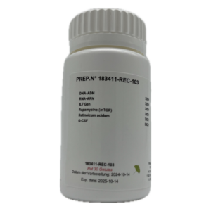 Weisse Flasche mit Schraubverschluss, etikettiert mit Inhaltsstoffen wie DNA-ADN und RNA-ARN, für 30 Gele.