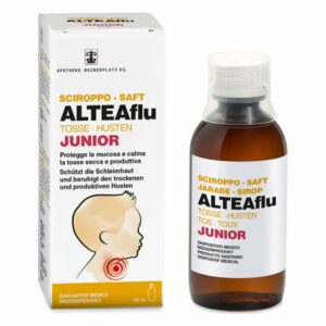 Braun-weiße Flasche mit Hustensaft für Kinder und Verpackung, die Schutz bei trockenem Husten verspricht.