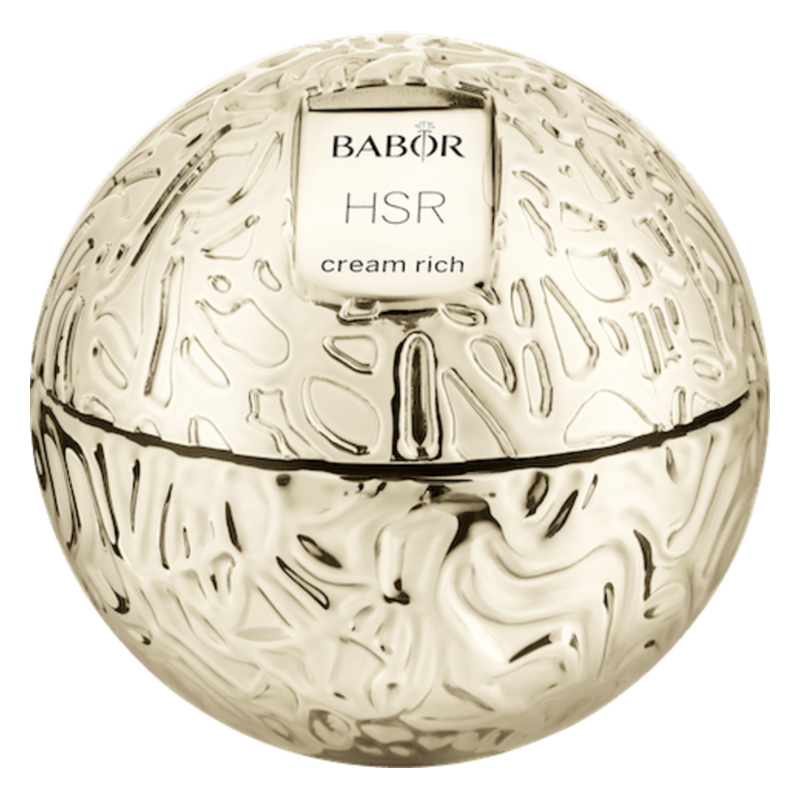 Runde, goldfarbene Cremedose von BABOR mit strukturiertem Design und einem Etikett "HSR cream rich".