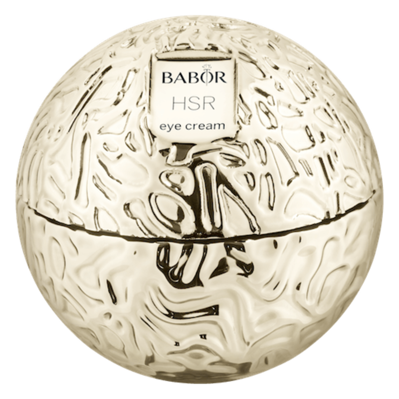Runder, goldfarbener Behälter für Babor HSR Augencreme mit strukturierter Oberfläche und Aufkleber.