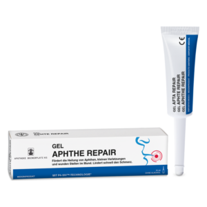 Ein Tubengeschirr mit einem Gel zur Behandlung von Aphthen und Mundverletzungen, sowie eine kosmetische Verpackung.