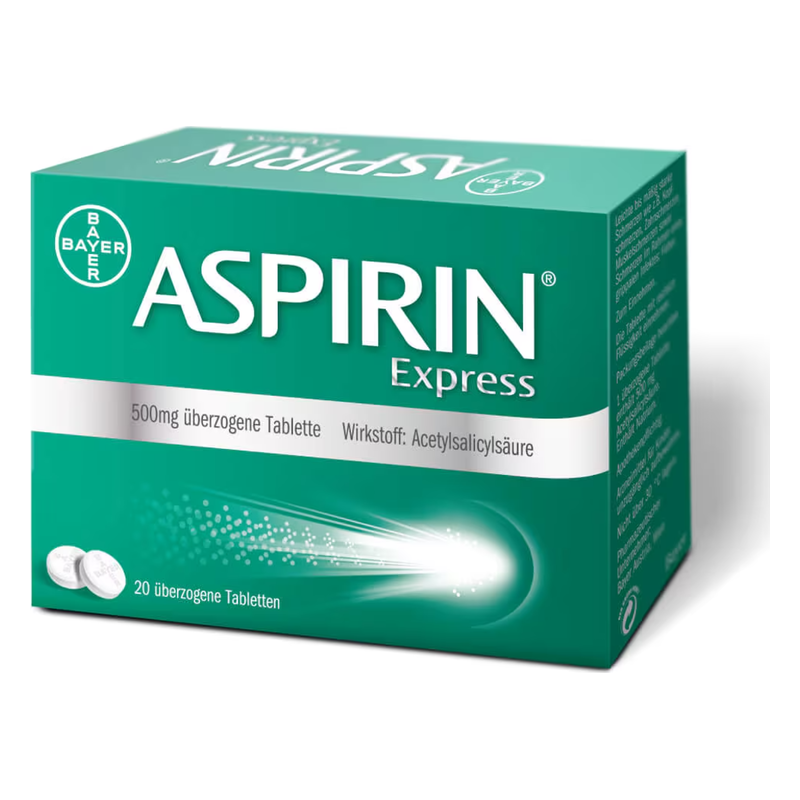 Aspirin Express Packung mit 20 überzogenen Tabletten, enthält Acetylsalicylsäure, grüne Verpackung.