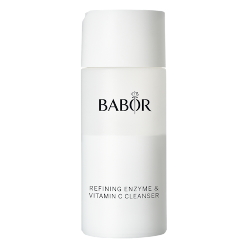 Weiße Flasche mit schwarzem Aufdruck 'BABOR REFINING ENZYME & VITAMIN C CLEANSER'.