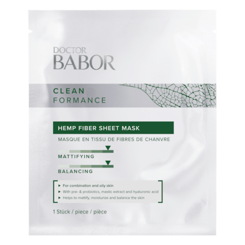 Verpackung einer Gesichtsmaske aus Hanffasern mit Angaben zu mattierenden und ausgleichenden Eigenschaften.