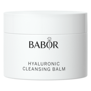 Weißer Tiegel mit Deckel, Produktname 'Hyaluronic Cleansing Balm' in schwarzer Schrift, Marke 'BABOR'.