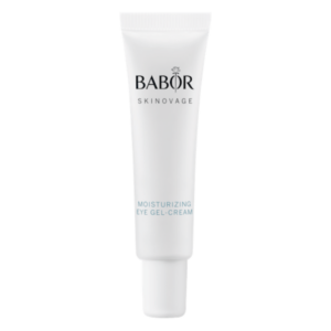 Weißer Tube mit einem Augen-Gel-Creme Produkt von BABOR SKINOVAGE, Etikett in blauer Schrift.