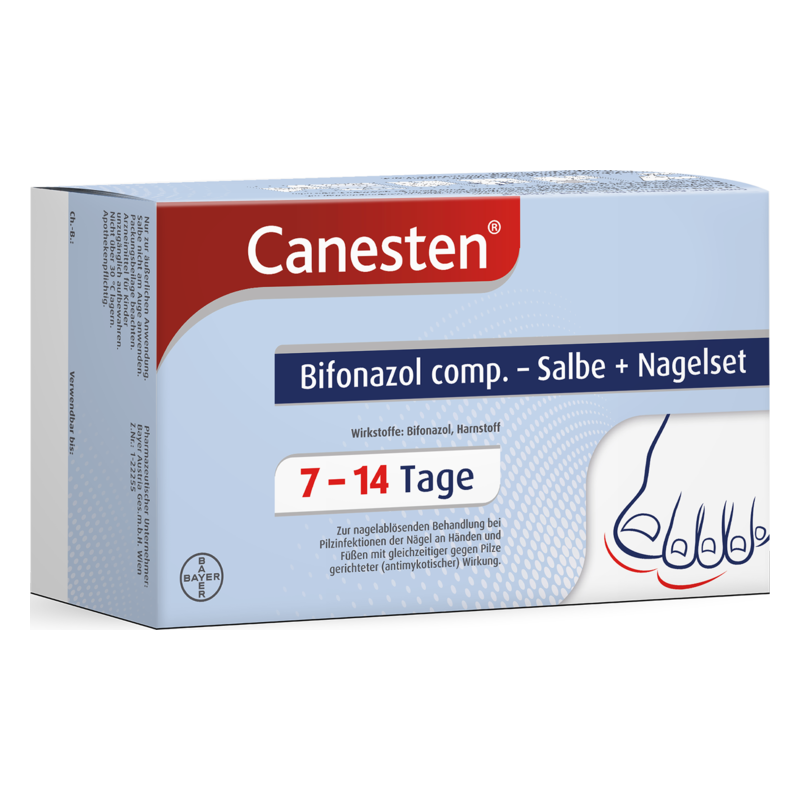 Packung von Canesten Bifonazol Salbe und Nagelset zur Behandlung von Nagelpilz, informationelle Details auf der Vorderseite.