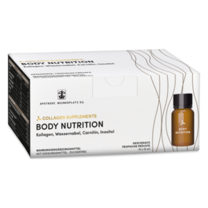 Verpackung von Body Nutrition Kollagen-Supplementen mit Geschmacksrichtung tropische Früchte und einer Flasche abgebildet.