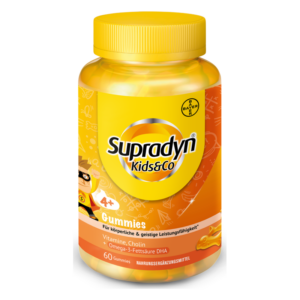 Flasche mit Supradyn Kids&Co Gummies für Kinder, orangefarbene Verpackung, enthält Vitamine und Omega-3-Fettsäuren.