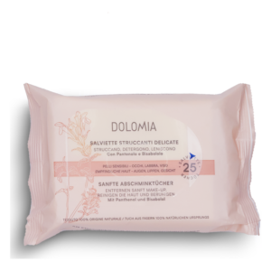 Packung mit sanften Abschminktüchern, rosa mit Details zu Inhaltsstoffen und Anwendungshinweisen für empfindliche Haut.