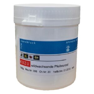 Weißer Kunststoffbehälter mit Deckel, beschriftet mit Informationen zur wilden Pfeilwurzel, einschließlich Haltbarkeitsdatum.