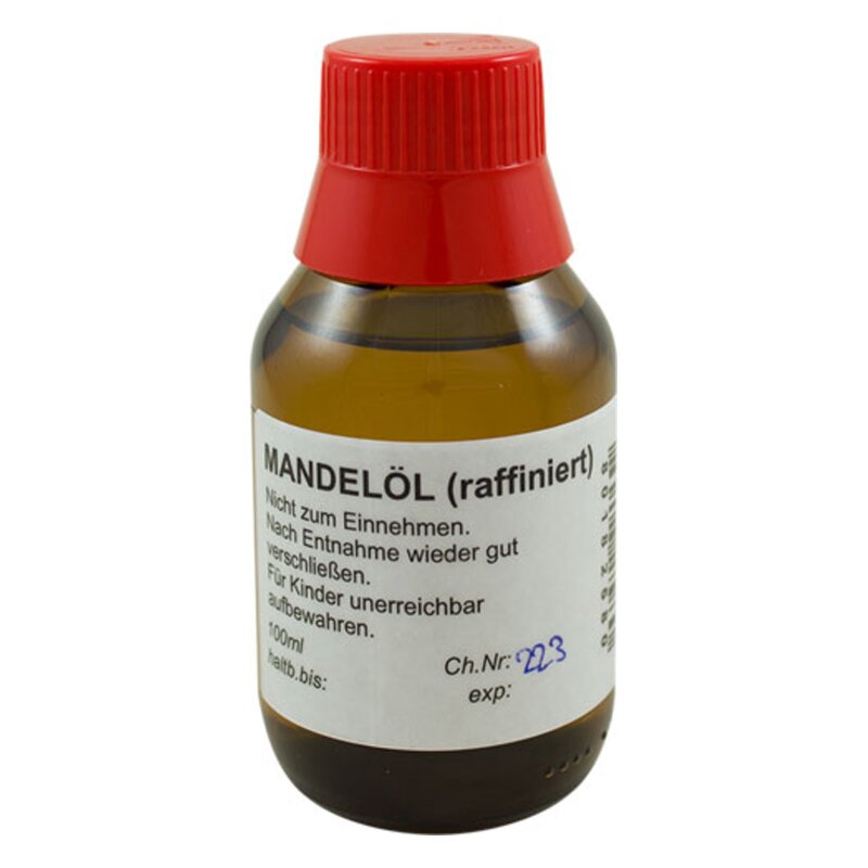 Braune Glasflasche mit rotem Deckel, gefüllt mit raffiniertem Mandelöl und beschriftet mit Anwendungshinweisen.