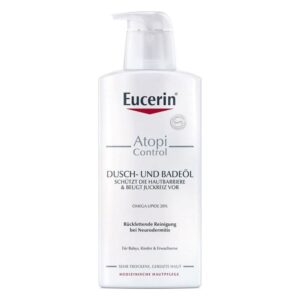 Flasche Eucerin Atopi Control Dusch- und Badeöl mit Pumpkopf, schützt die Hautbarriere bei Neurodermitis.