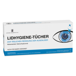 Verpackung von Lidhygiene-Tüchern zur täglichen Reinigung der Augenlider mit Malvenextrakt und Natriumhyaluronat.