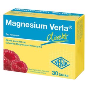 Verpackung von Magnesium Verla in Himbeer-Geschmack, direkt Granulat zur Magnesium-Versorgung.