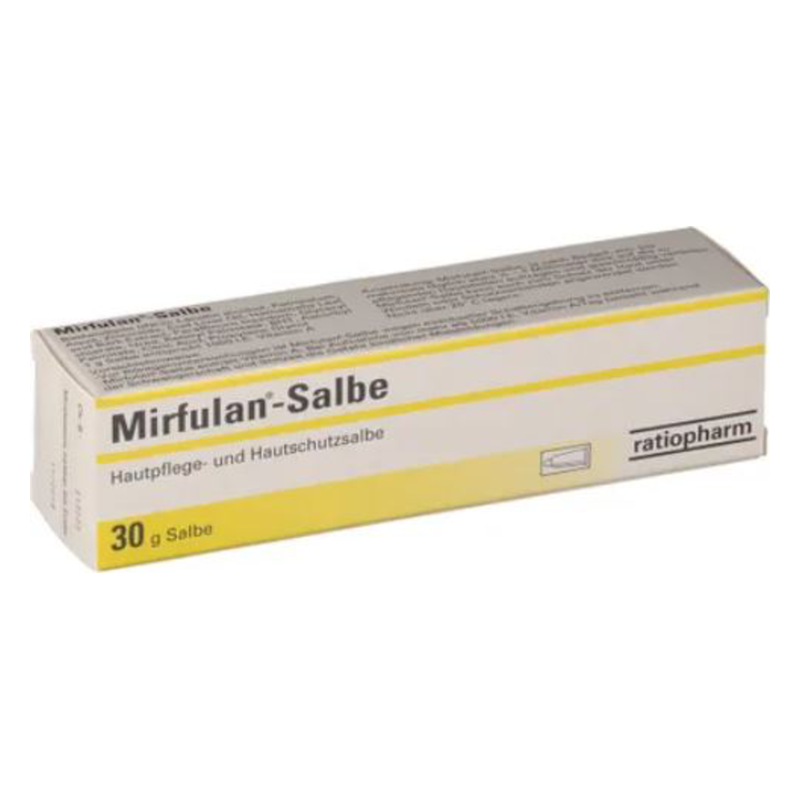 Verpackung einer Mirfulan-Salbe in einer schlanken Tube mit gelben Akzenten und detaillierten Produktinformationen.