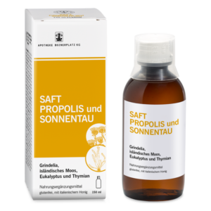 Braune Flasche mit Saft aus Propolis und Sonnen-Tau, verpackt in einem weißen Karton mit gelben Details und Zutatenliste.