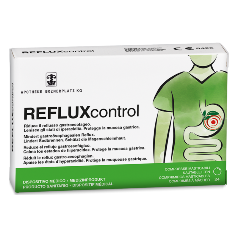 Packung mit dem Produkt REFLUXcontrol zur Linderung von Sodbrennen und Schutz der Magenschleimhaut.