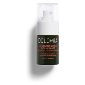 Grüne Pumpflasche mit Augencreme, beschriftet mit 'DOLMIA Contorno Occhi Rigenerante', auf weißem Hintergrund.