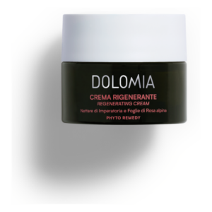 Schwarze Creme im Glas mit weißem Deckel, beschriftet mit "DOLOMIA Crema Rigenerante" und Inhaltsstoffen.