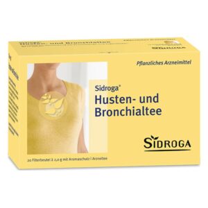 Verpackung von Sidroga Husten- und Bronchialtee in gelber Box mit 20 Filterbeuteln und Aromaschutz.