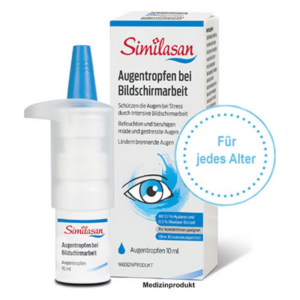 Augentropfen von Similasan in einer weißen Flasche mit blauer Kappe und Verpackung, die Augenpflege bei Bildschirmarbeit bewirbt.