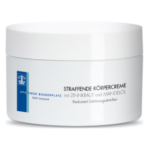 Weißer Tiegel mit straffender Körpercreme, enthält Zinnkraut und Mandelöl zur Reduktion von Dehnungsstreifen.
