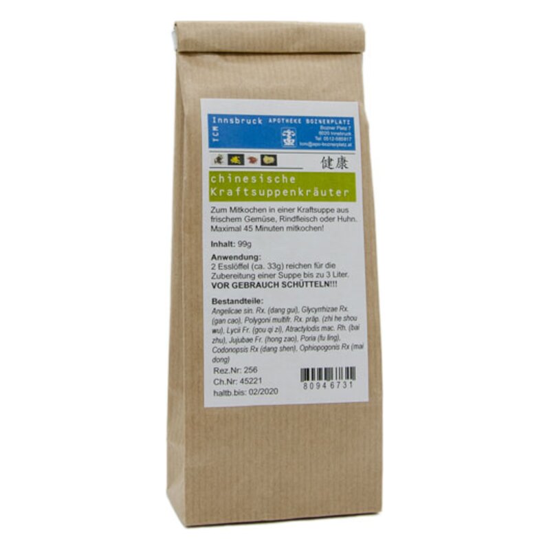 Papiertüte mit chinesischen Kraftsuppenkräutern, Anwendungshinweis und Zutatenliste auf dem Etikett.