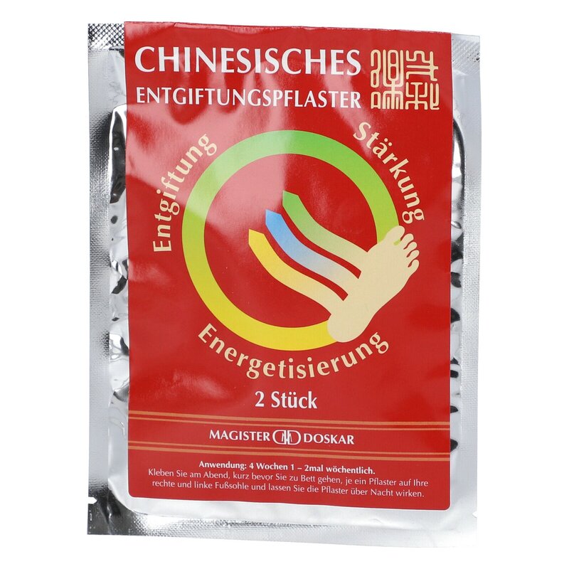 Paket mit chinesischen Entgiftungsplastern, rotes Design mit Symbolen und Anweisungen zur Anwendung.