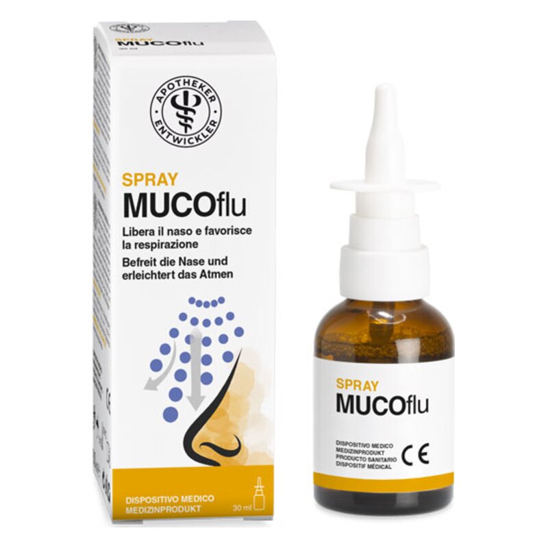 Nasen spray MUCOflu in einer braunen Glasflasche mit Pumpverschluß und Verpackung im Hintergrund.