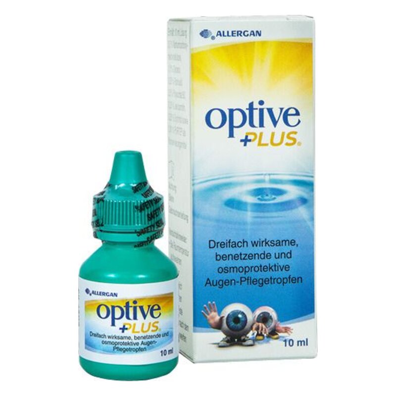 Flasche mit optiven Augentropfen in einer grünen Tropfpipette und stilisierter Verpackung mit augenfreundlichem Design.