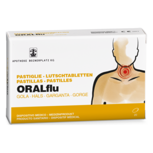 Verpackung von ORALflu Lutschtabletten zur Linderung von Halsschmerzen, mit grafischer Darstellung eines Halses.