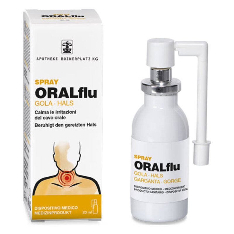 ORALflu Halsspray in einer weißen Flasche mit Sprühkopf, umgeben von einer bunten Verpackung.