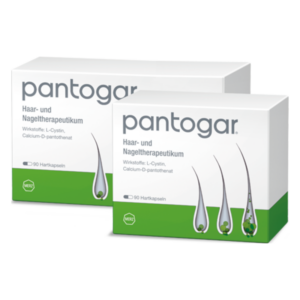 Zwei Verpackungen des Haar- und Nageltherapeutikums Pantogar mit Informationen über Inhaltsstoffe und Anwendung.