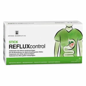 Verpackung von REFLUXcontrol Sticks zur Behandlung von gastroösophagealem Reflux mit grafischen Gesundheitsillustrationen.