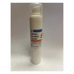 Riegel mit Ringelblumensalbe in Weiß mit Pumpe und Etikett, das die Anwendungshinweise enthält.