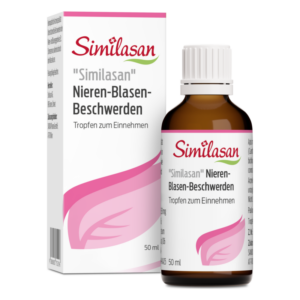 Braune Tropfenflasche mit weißem Deckel und Verpackung für "Similasan" Nieren-Blasen-Beschwerden, 50 ml.