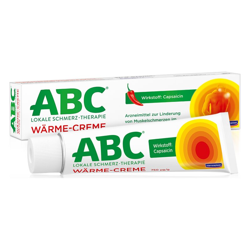 Tube und Verpackung einer Wärmeschmerzcreme mit Capsaicin zur Linderung von Muskelschmerzen.