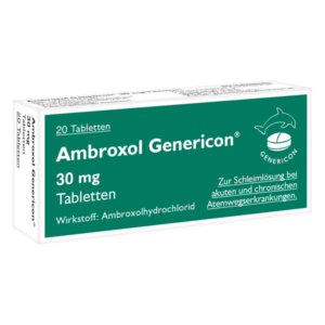 Verpackung von Ambroxol Genericon, 30 mg Tabletten zur Schleimlösung bei Atemwegserkrankungen.