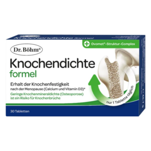 Verpackung von Dr. Böhm Knochen Dichte Formel mit Informationen zur Erhaltung der Knochenfestigkeit und Hinweis auf Calcium und Vitamin D3.