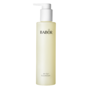 Transparente Flasche mit Pumpe, enthält HY-ÖL® Cleanser von BABOR, markiert mit einem Logo.