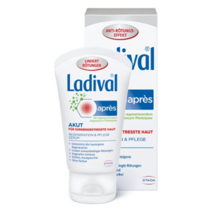 Ladival après Akut Serum in einer weißen Tube mit blauem Schriftzug, verpackt in einem Karton. Hautpflege für sonnengestresste Haut.