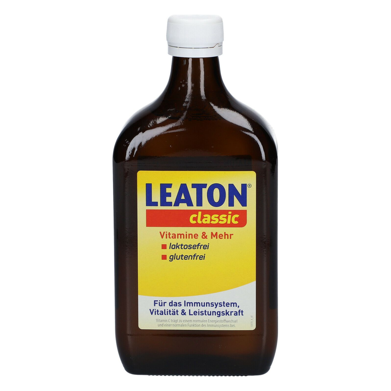 Braune Flasche mit weißem Schraubverschluss, etikettiert mit "LEATON classic", angibt Vitamine, laktose- und glutenfrei.