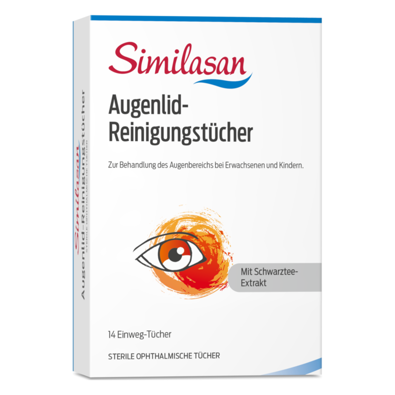 Packung mit Similasun Augenlid-Reinigungstüchern, inkl. schwarzem Tee-Extrakt, zur Anwendung bei Erwachsenen und Kindern.