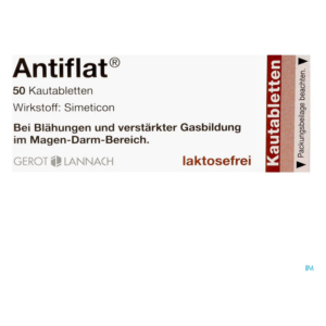 Verpackung von Antiflat Kautabletten, Wirkstoff Simeticon, zur Linderung von Blähungen, laktosefrei.