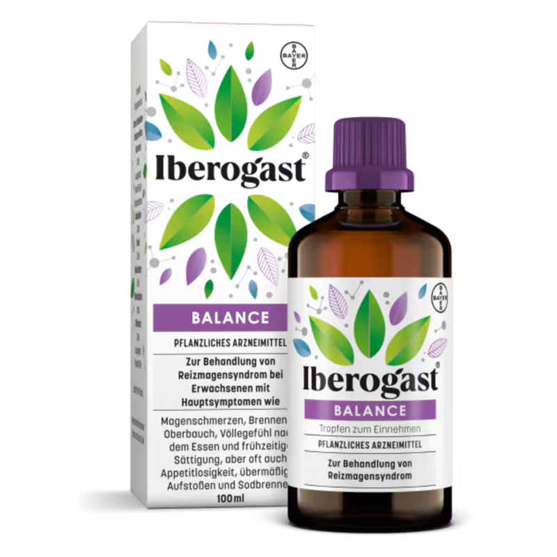 Iberogast Balance, pflanzliches Arzneimittel in einer braunen Flasche mit lila Kappe und Verpackung mit Blattmotiv.