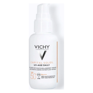 Vichy Sonnenpflege-Flasche mit Pumpmechanismus, schützende Formel mit SPF 50, helles Design, Anti-Aging Eigenschaften.